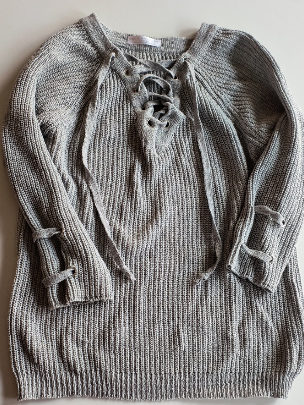 Grey Lace-Up Rib Knit Women's Sweater